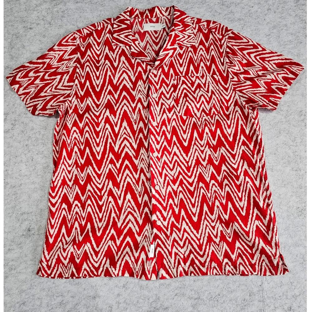 Onia Button Down Shirt, Red White Zigzag, Relaxed Fit Vacation, Casual Mens Sz M